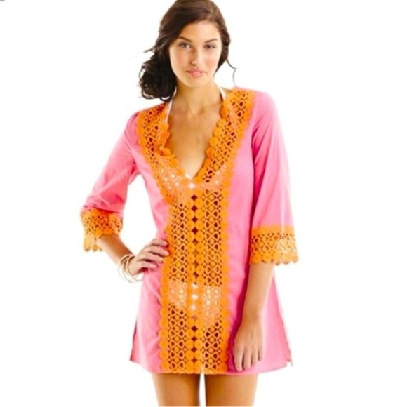 Mud Pie Other - Mud Pie Women’s Pink and Orange Lace Swim Cover-Up Size Large
